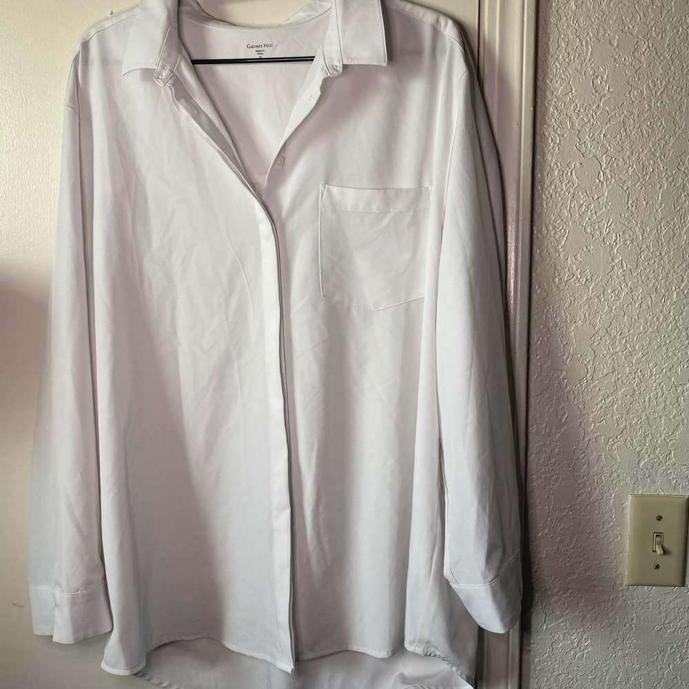 Garnet Hill White Recycled Stretch Button Down Shirt XL Long Sleeve Pocket Top